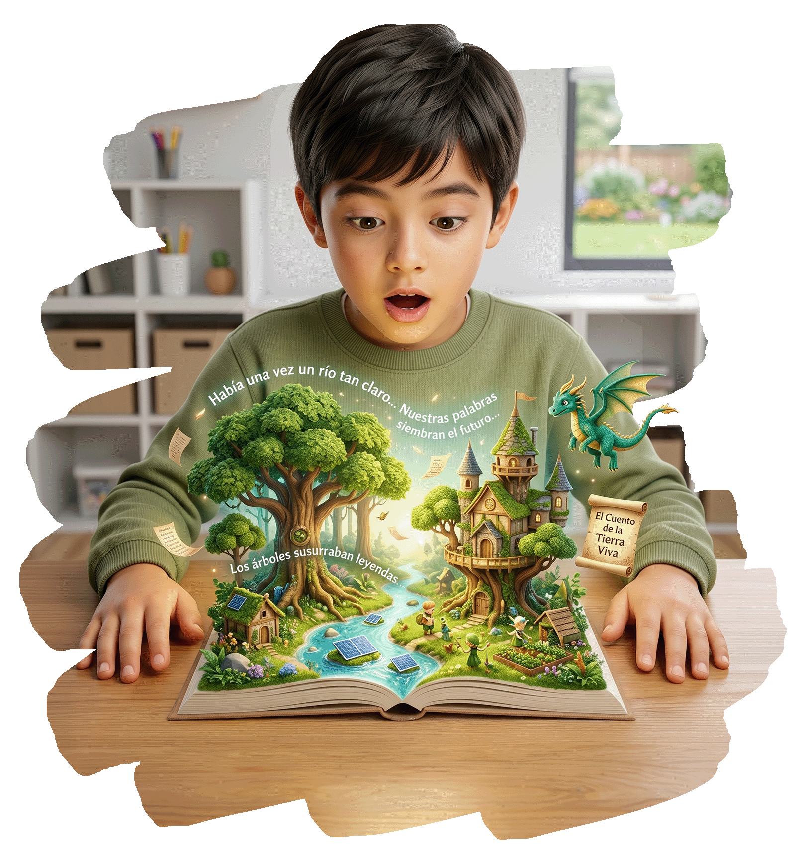 Niño leyendo un libro mágico con elementos flotando